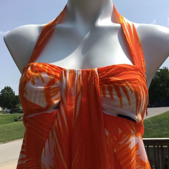 Diane Von Furstenberg Dress Indochine Orange Palm Empire Waist Halter Size 2 - Picture 7 of 11